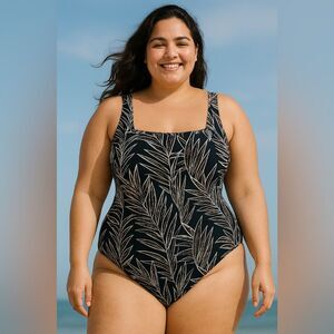 One Piece Swimsuit Womens 14 Tummy Control Black Silver Gottex Square Neck Tank